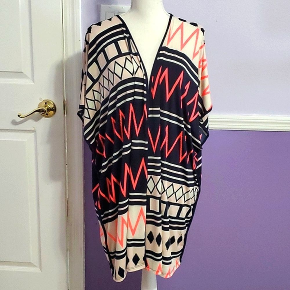 Flamingo Beige, Black Neon Boho Aztec Bat Sleeves Longline Cardigan Kimono OS